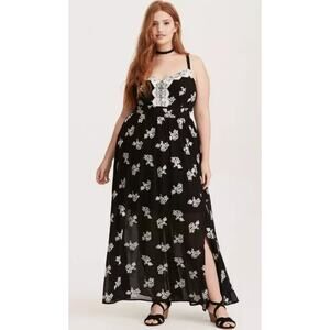 Torrid sheer black floral embroidered maxi dress Size 1 Whimsigoth Boho Romantic